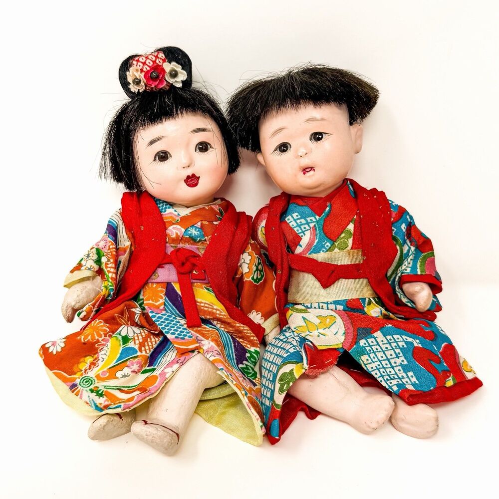 Vintage Japan Ichimatsu Ningyo Doll Pair Boy Girl Kimono Gofun Composite 9”